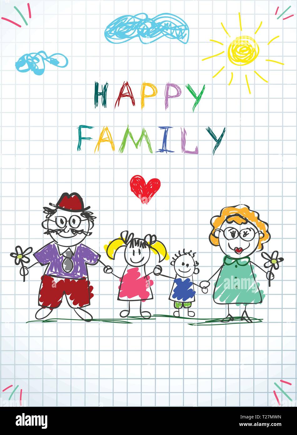 Happy Family Kids Bild des kleinen Jungen und Mädchen halten sich an den Händen der erwachsenen Menschen, Mann und Frau unter Wolken und Sonne auf karierten Blatt Hintergrund. Doodl Stock Vektor