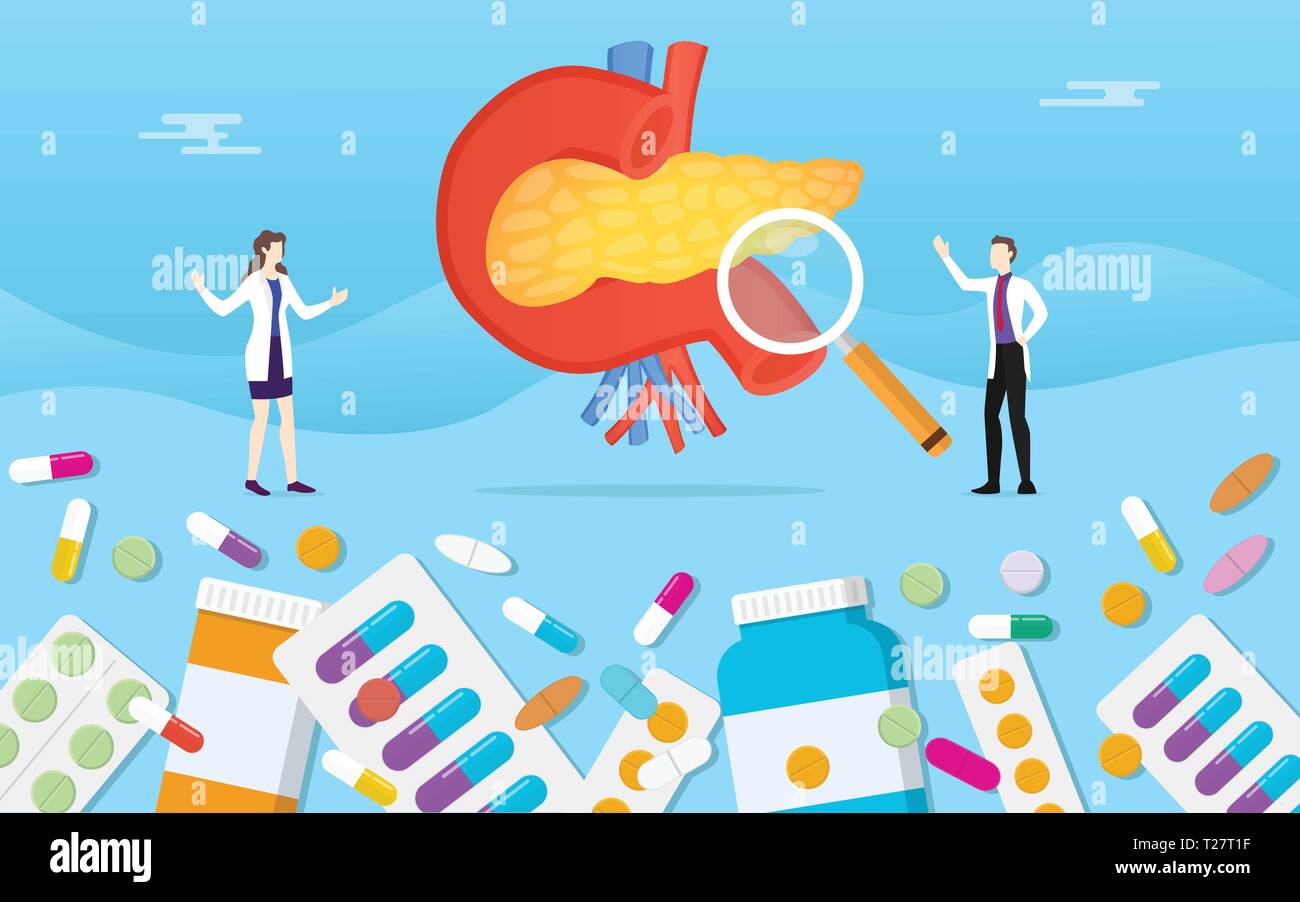 Die menschliche Bauchspeicheldrüse Medizin Gesundheit pillen Medikament Kapsel Behandlung mit Arzt Analyse-Vektor Stock Vektor