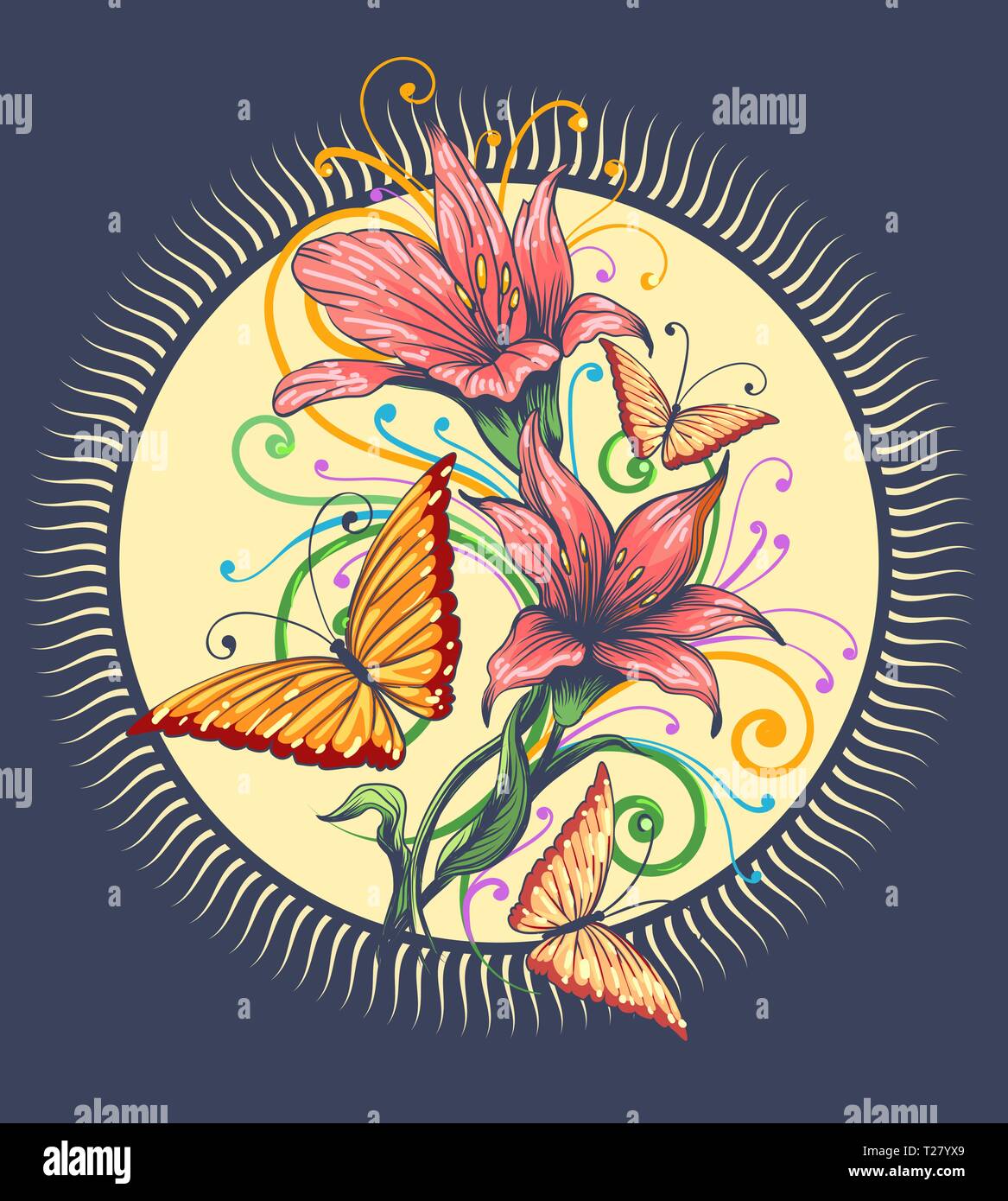 Orchidee Blumen und Schmetterlinge auf eine gelbe Sonne Form Rahmen. Vector Illustration. Stock Vektor