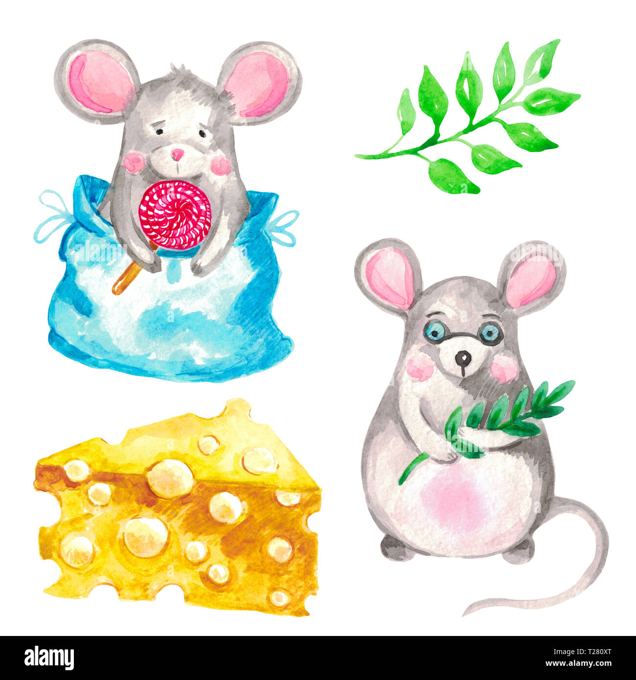 Aquarell Abbildung eines Tieres Mäuse auf einem weißen Hintergrund isoliert. Zusätzliche Elemente grüner Zweig und ein Stück Käse Stockfoto