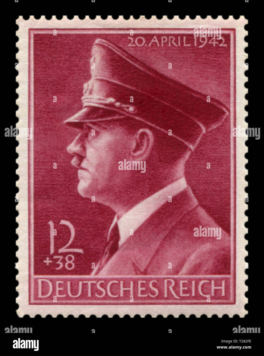 Deutsche historische Stempel: Der 53. Geburtstag von Adolf Hitler, Porträt  des Führers in Uniform und eine große schwere Kappe, Ausgabe 1942,  Deutschland Stockfotografie - Alamy