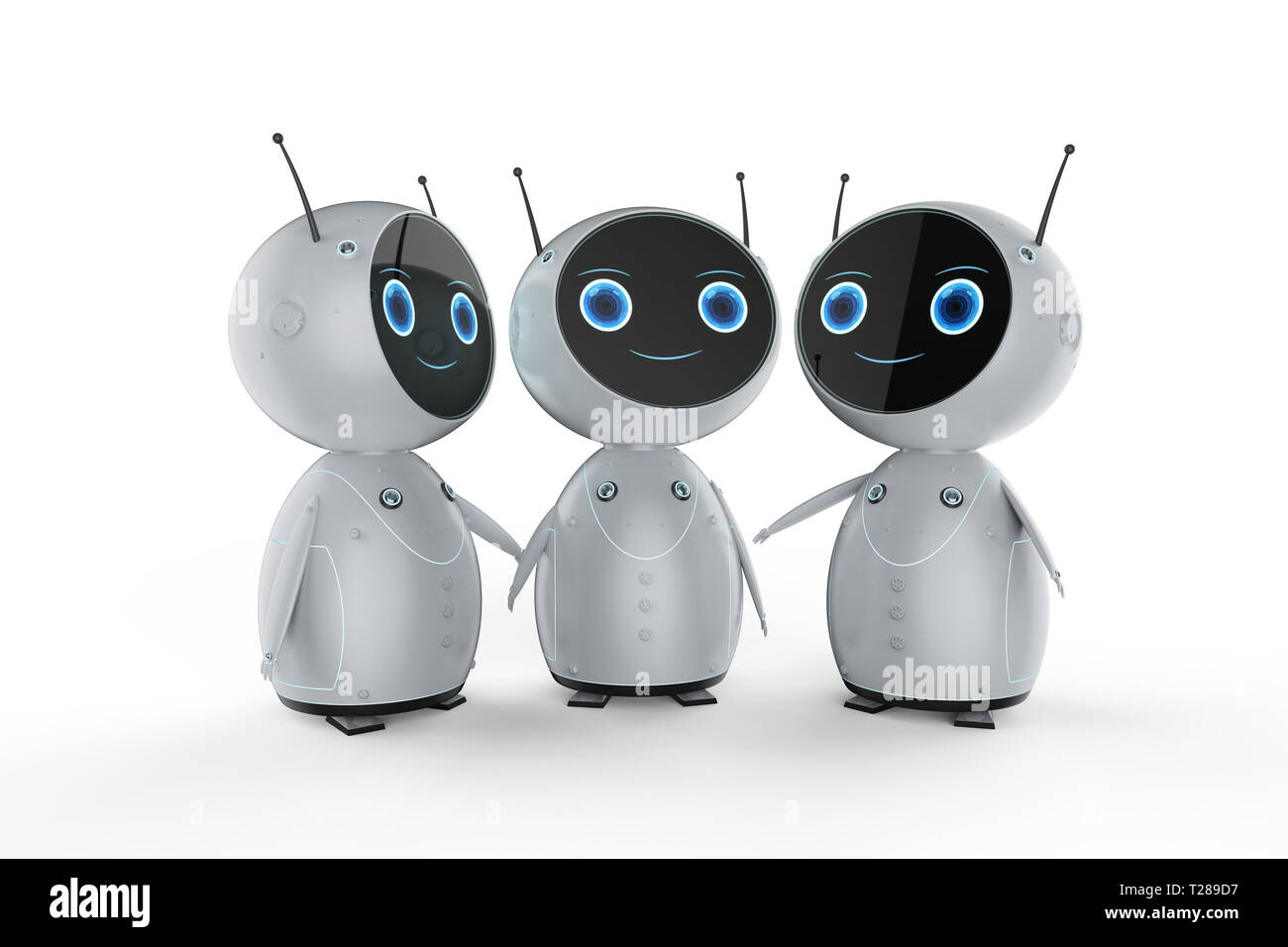 3D-Rendering Group niedliche Roboter auf weißem Hintergrund Stockfoto