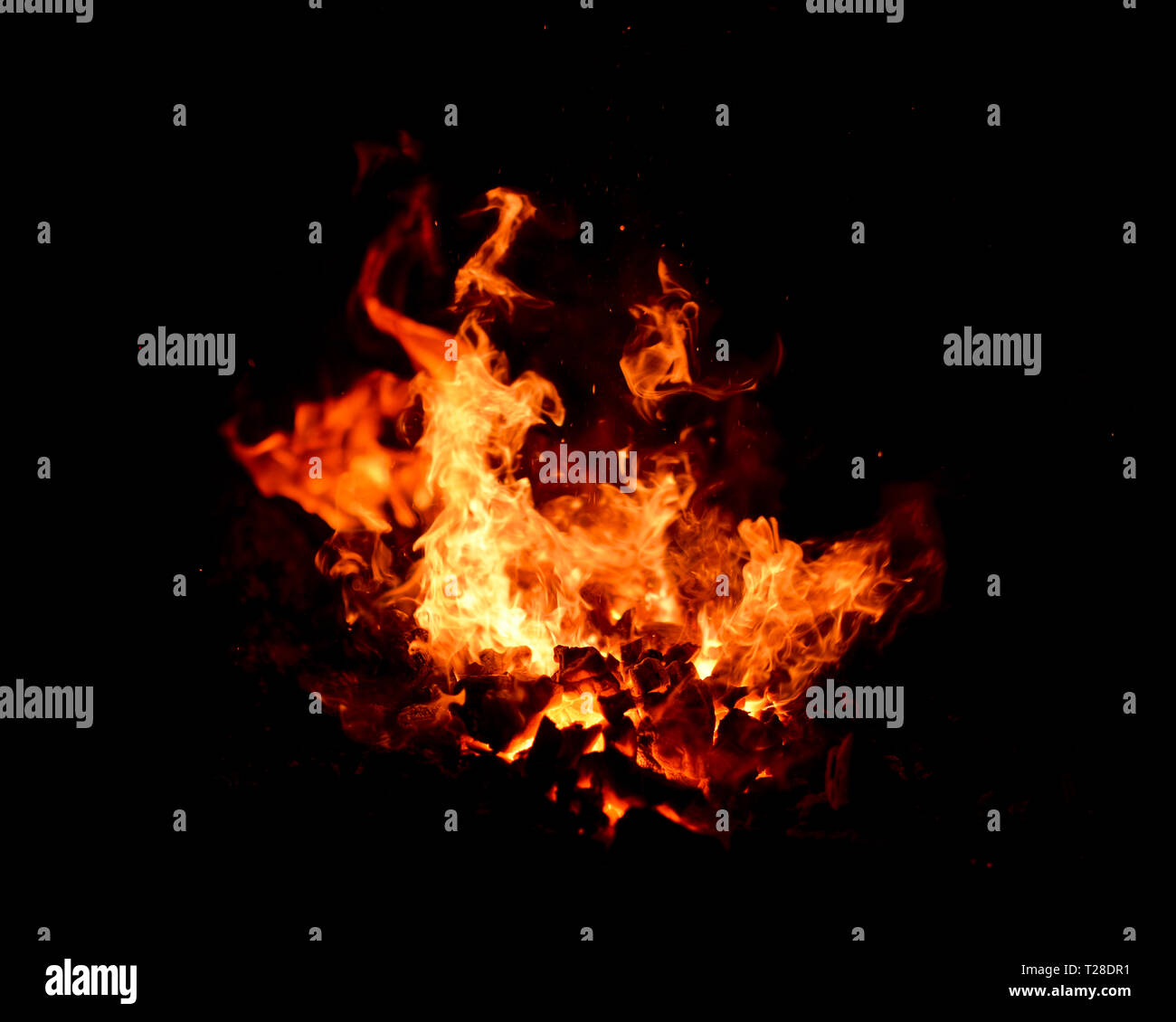 Rote Flamme des Feuers auf schwarzem Hintergrund Stockfoto