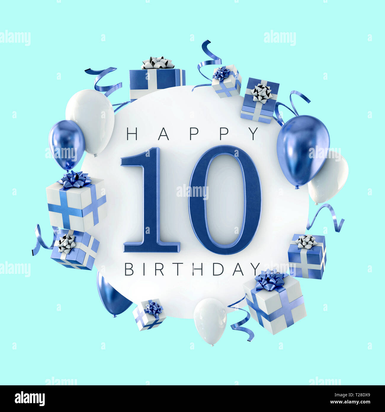 Happy 10 Birthday Party Zusammensetzung mit Ballons und präsentiert. 3D-Rendering Stockfoto