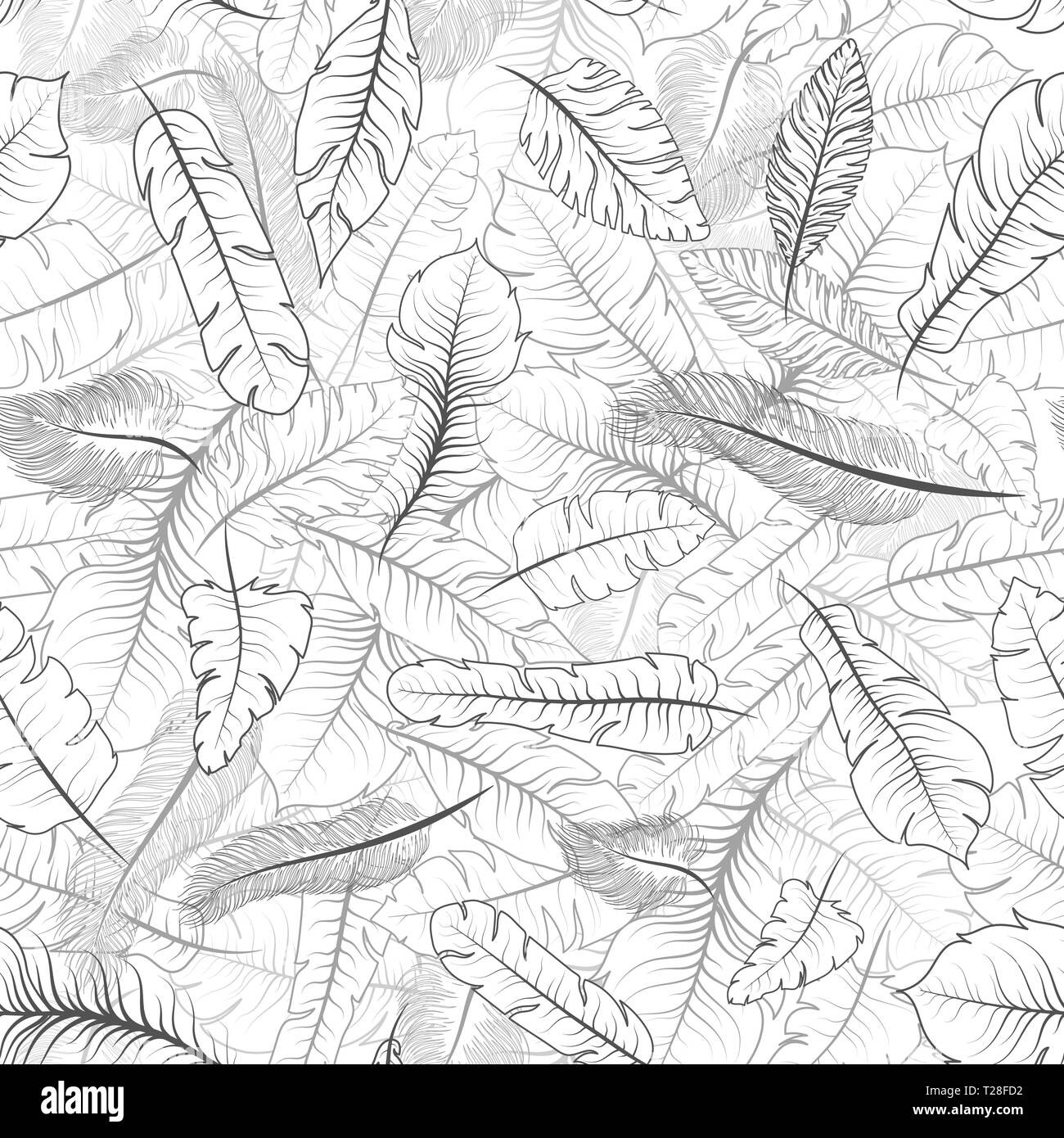 Verschiedene exotische Federn, nahtlose Muster auf weißem Stock Vektor