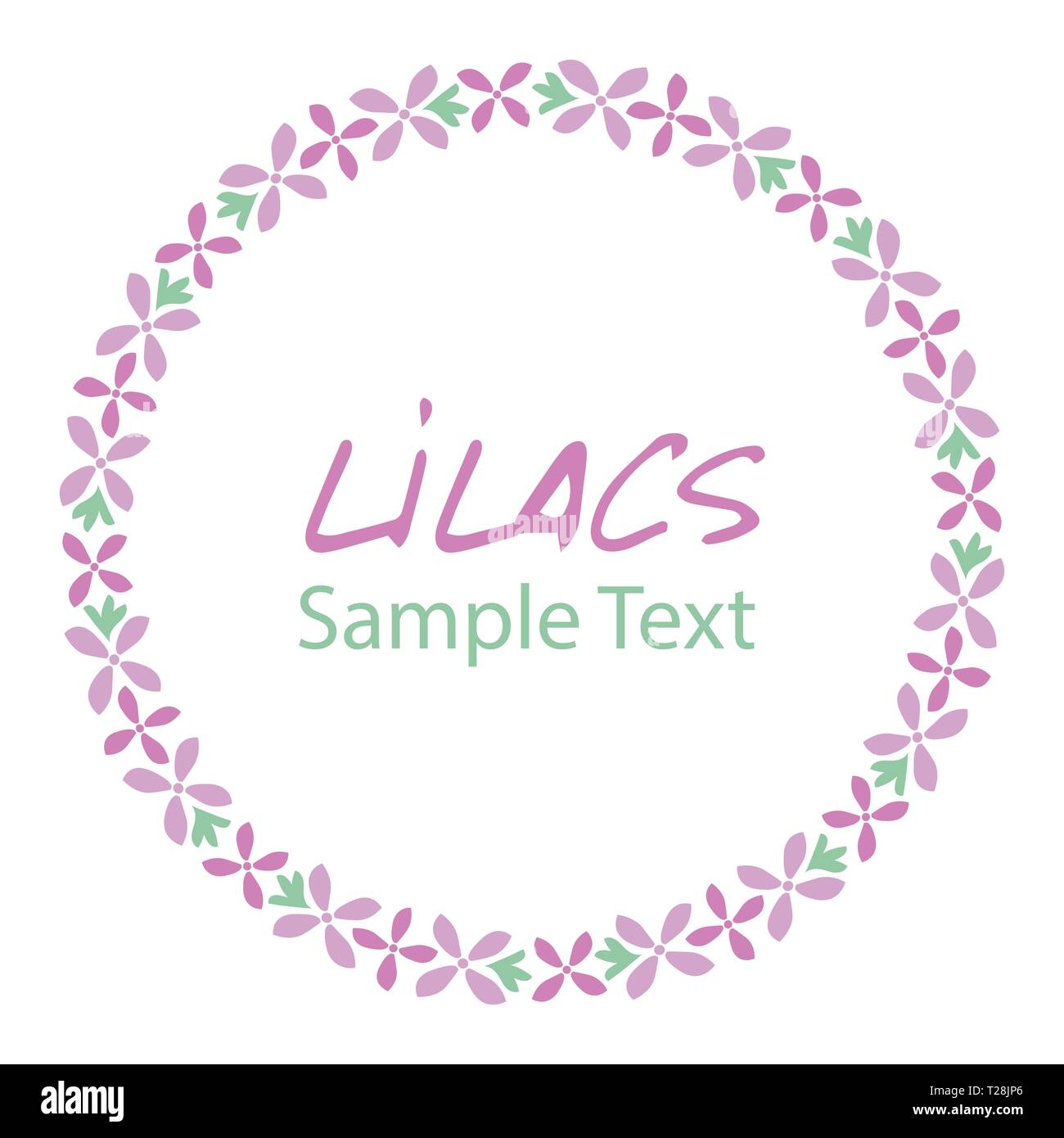 Lila Blume Kranz. Logo Design. Text von Hand gezeichnet. Stock Vektor