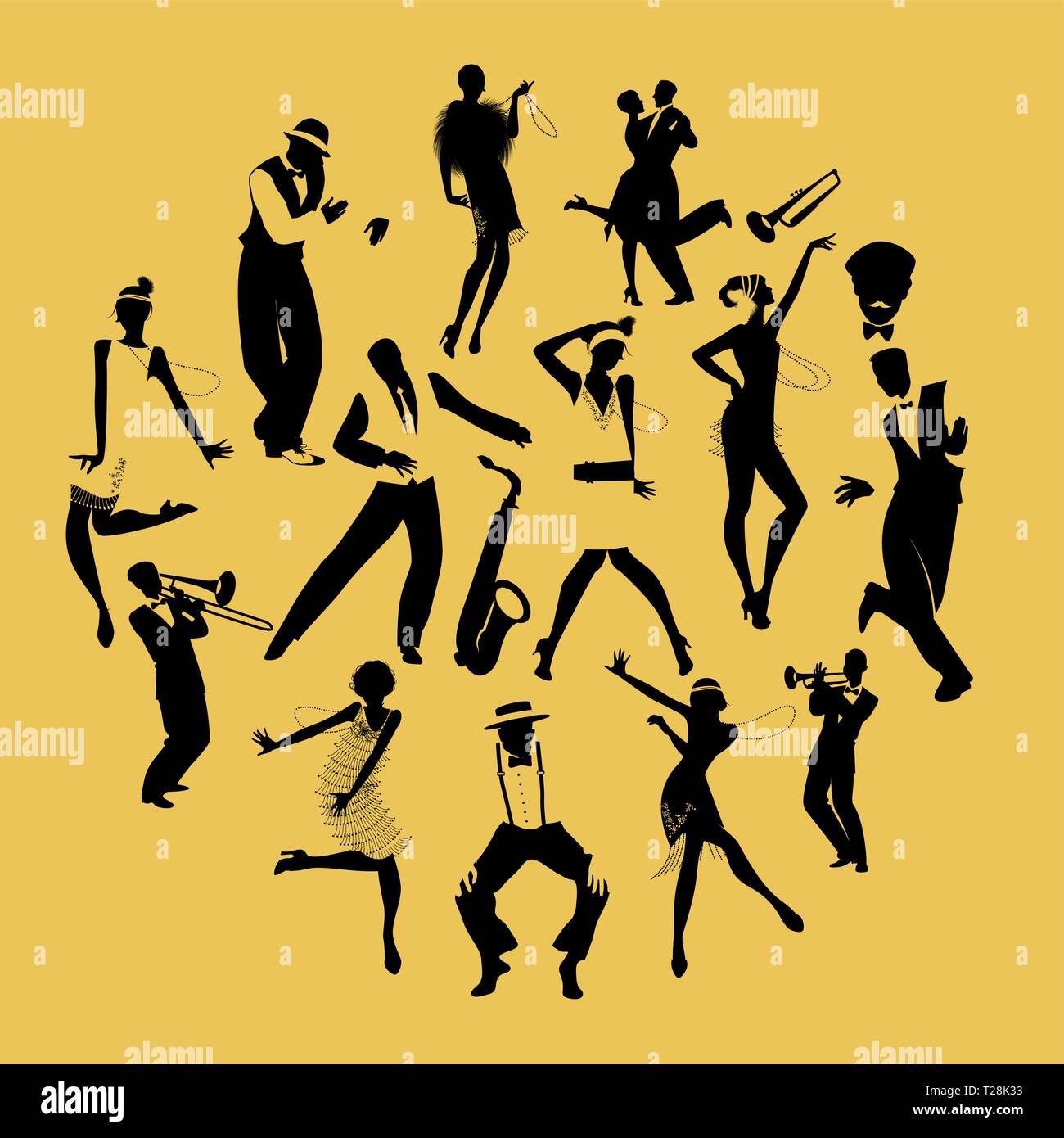 Silhouetten der Tänzer tanzen Charleston und Jazz musiker Stock Vektor