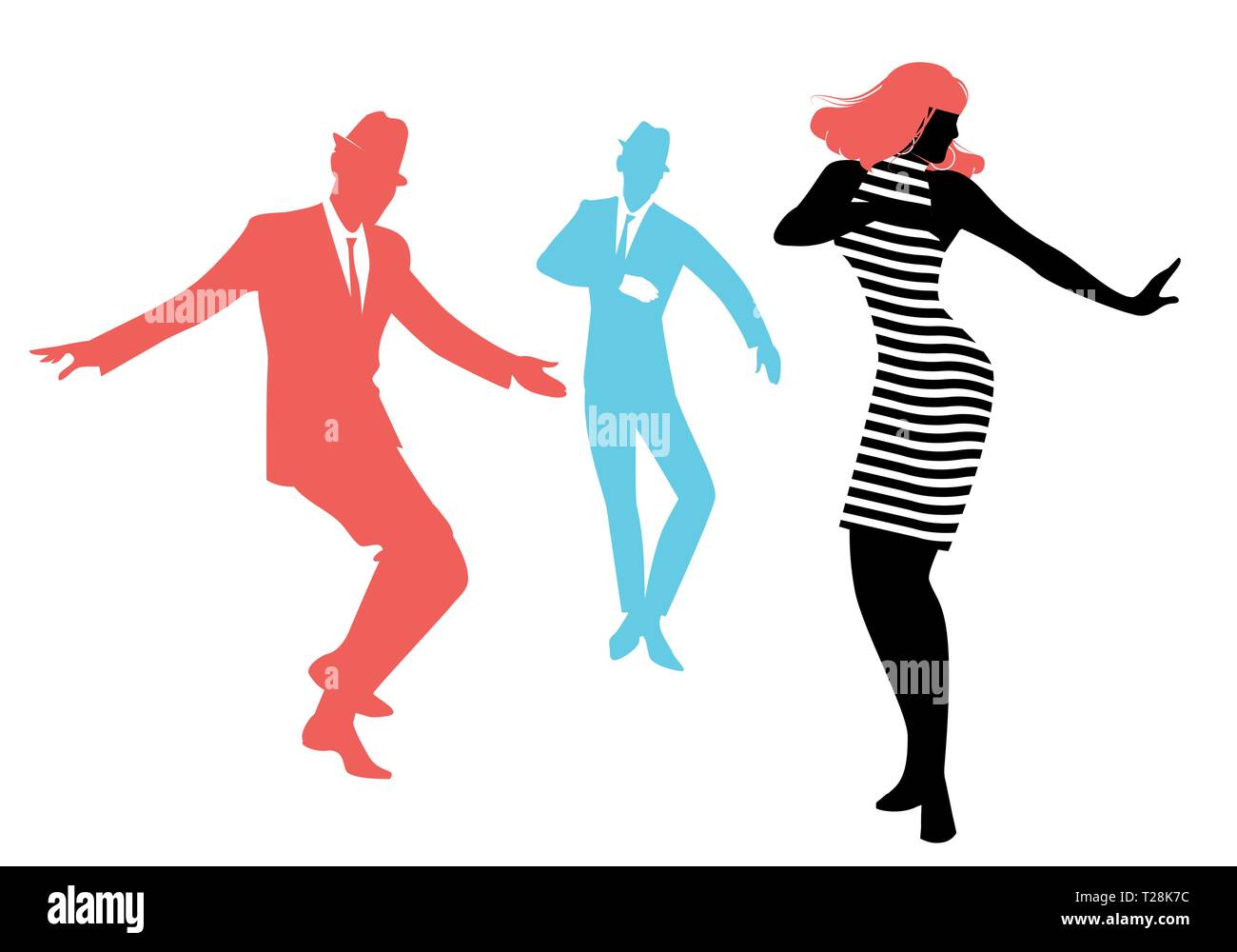 Elegante Silhouetten, die das Tragen von Kleidung der 60er Jahre Tanz Stil  der 60er Jahre isoliert auf weißem Hintergrund Stock-Vektorgrafik - Alamy