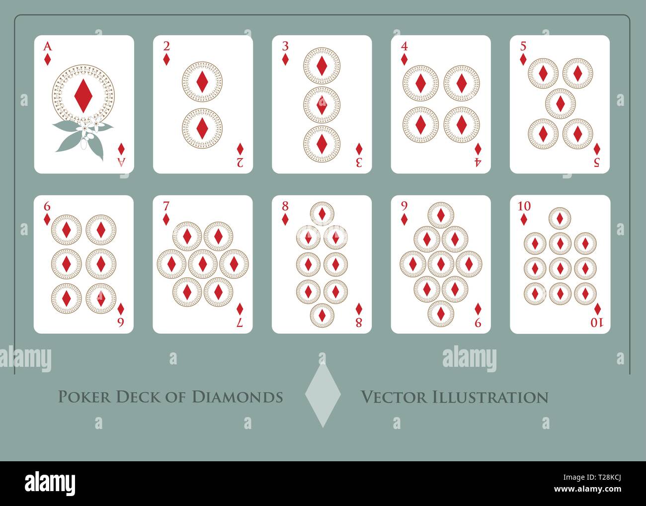 Deck der Diamanten von Ass bis zehn von Diamanten. Golden Deck Stock Vektor