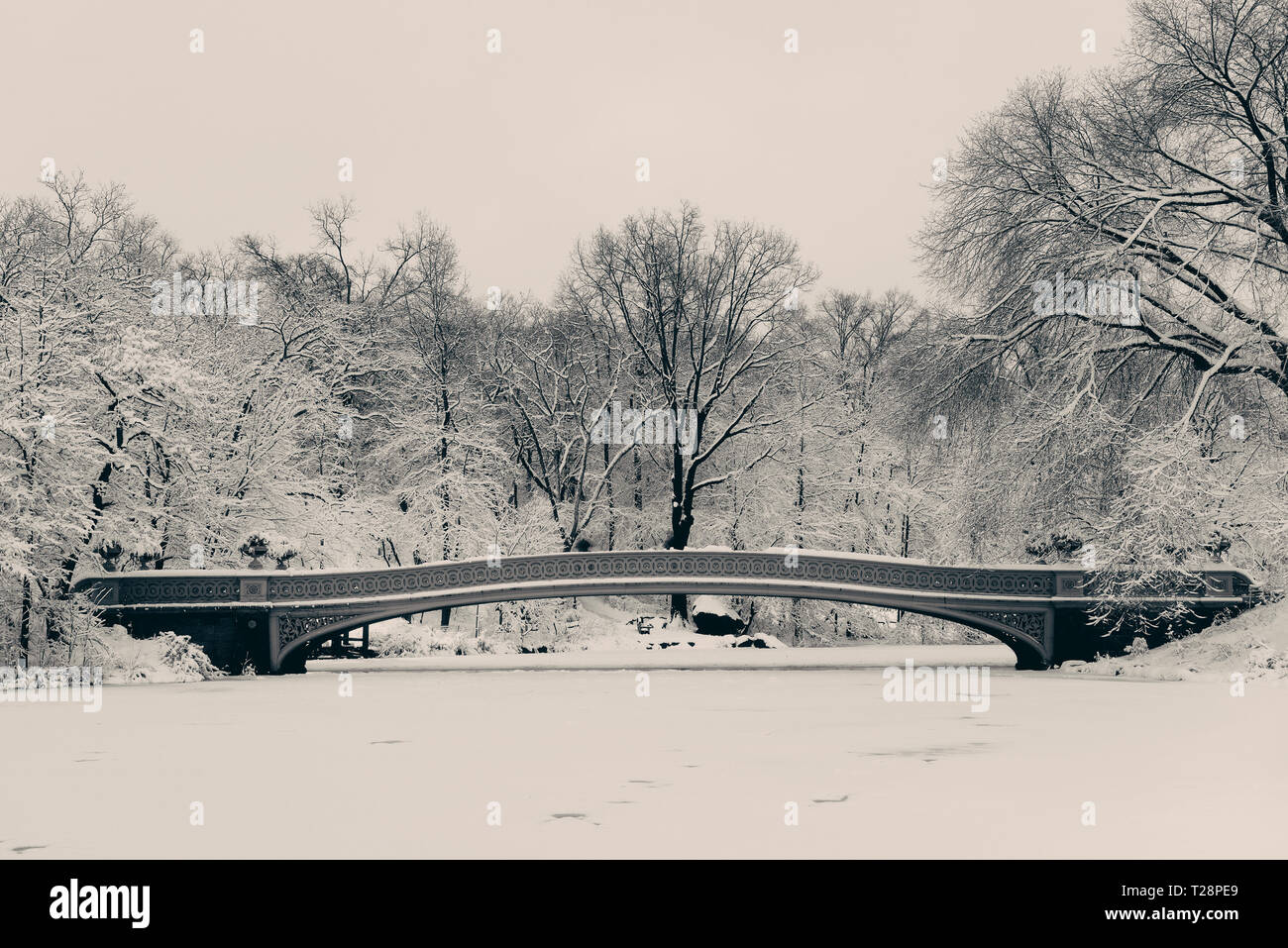 Bogenbrücke im Central Park Winter in Midtown Manhattan New York City Stockfoto