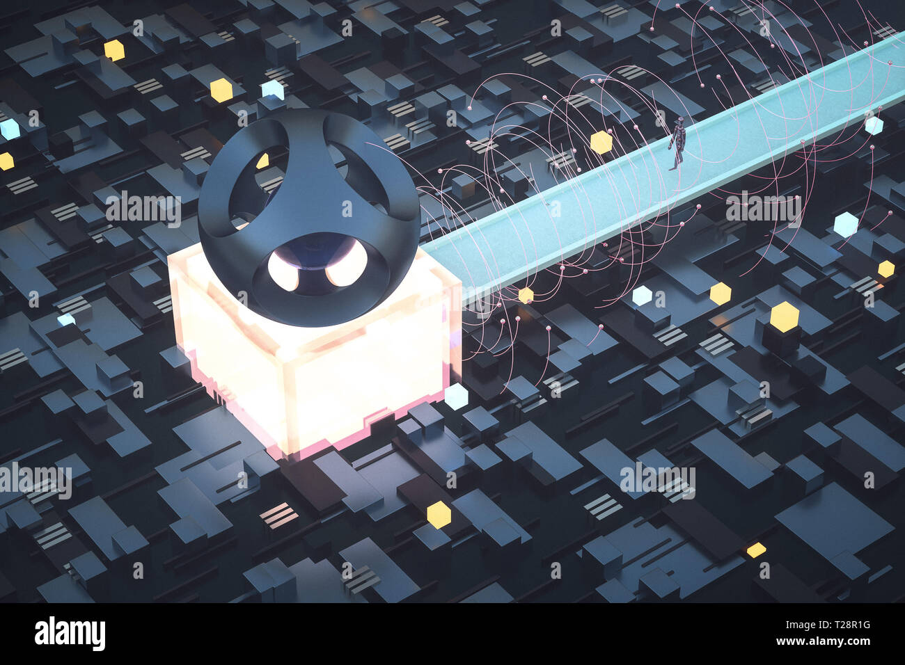 3D-Rendering, Würfel, Platz auf der Leiterplatte, Fantasy Welt, Computer digital image Stockfoto