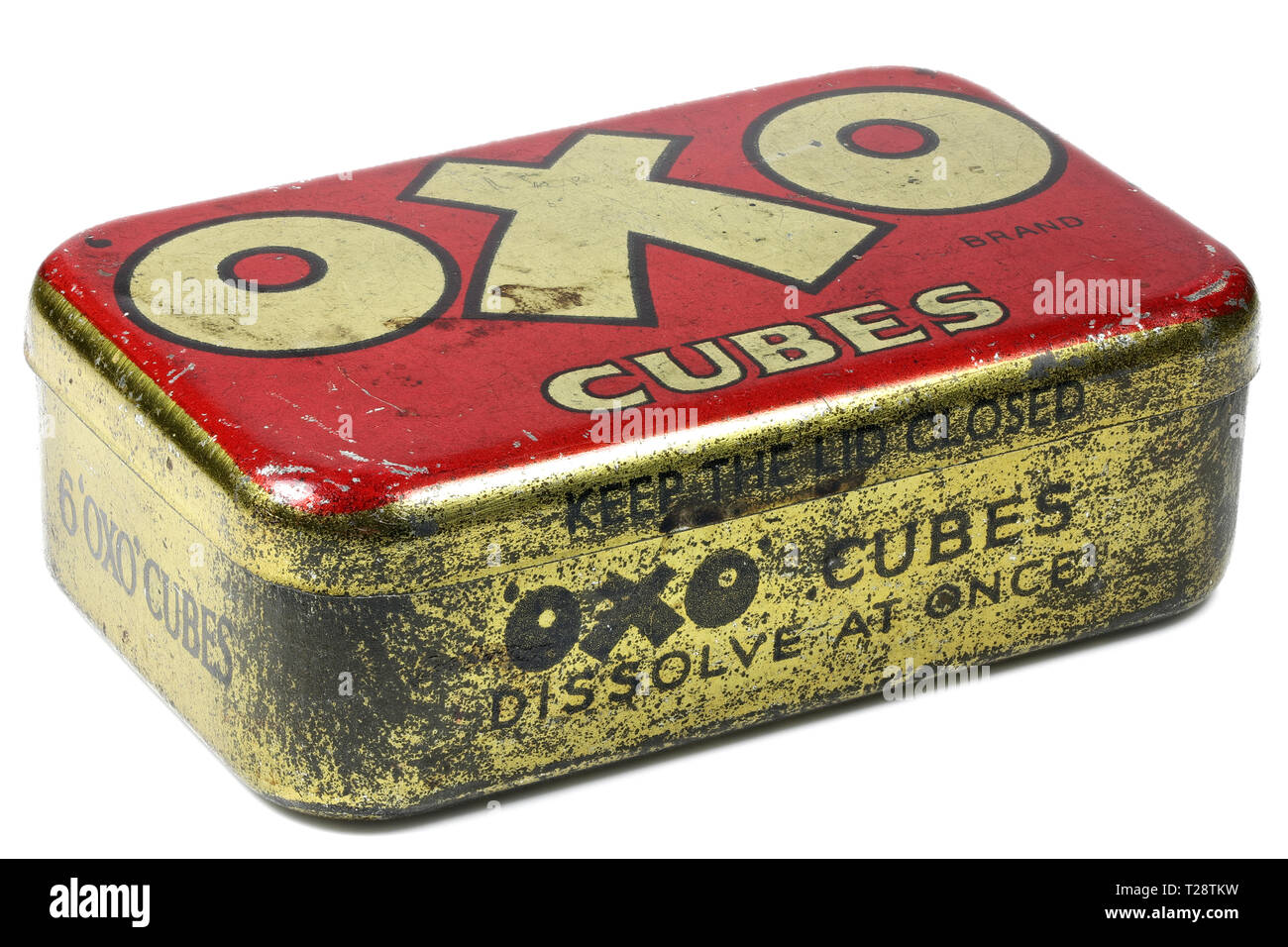 Vintage OXO cubes Zinn auf weißem Hintergrund. Stockfoto