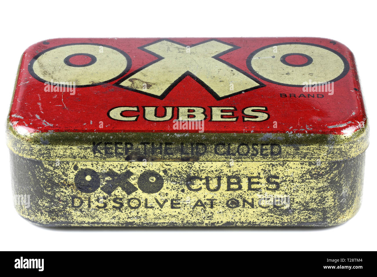 Vintage OXO cubes Zinn auf weißem Hintergrund. Stockfoto