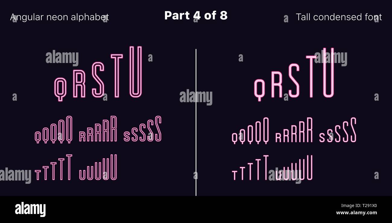 Condensed Rosa Neon font, eckig. Vektor Schriften in umrissen und gefüllt Stile festlegen, Teil 4 von 8. Neon Großbuchstaben mit schmalen Buchstaben, Anzahl Stock Vektor