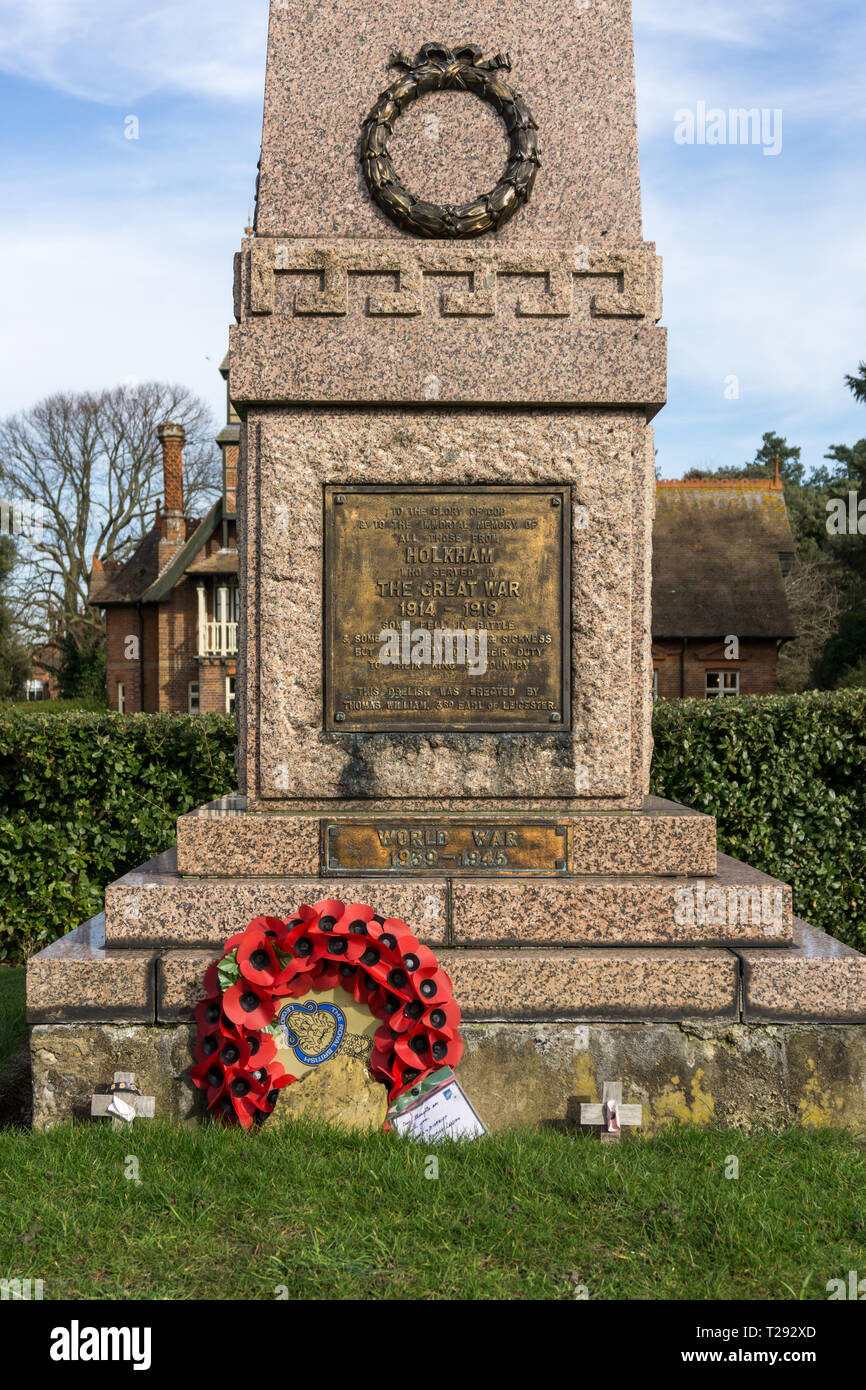 Nahaufnahme der WW1 war Memorial in der Immobilien Dorf Holkham, North Norfolk, Großbritannien Stockfoto