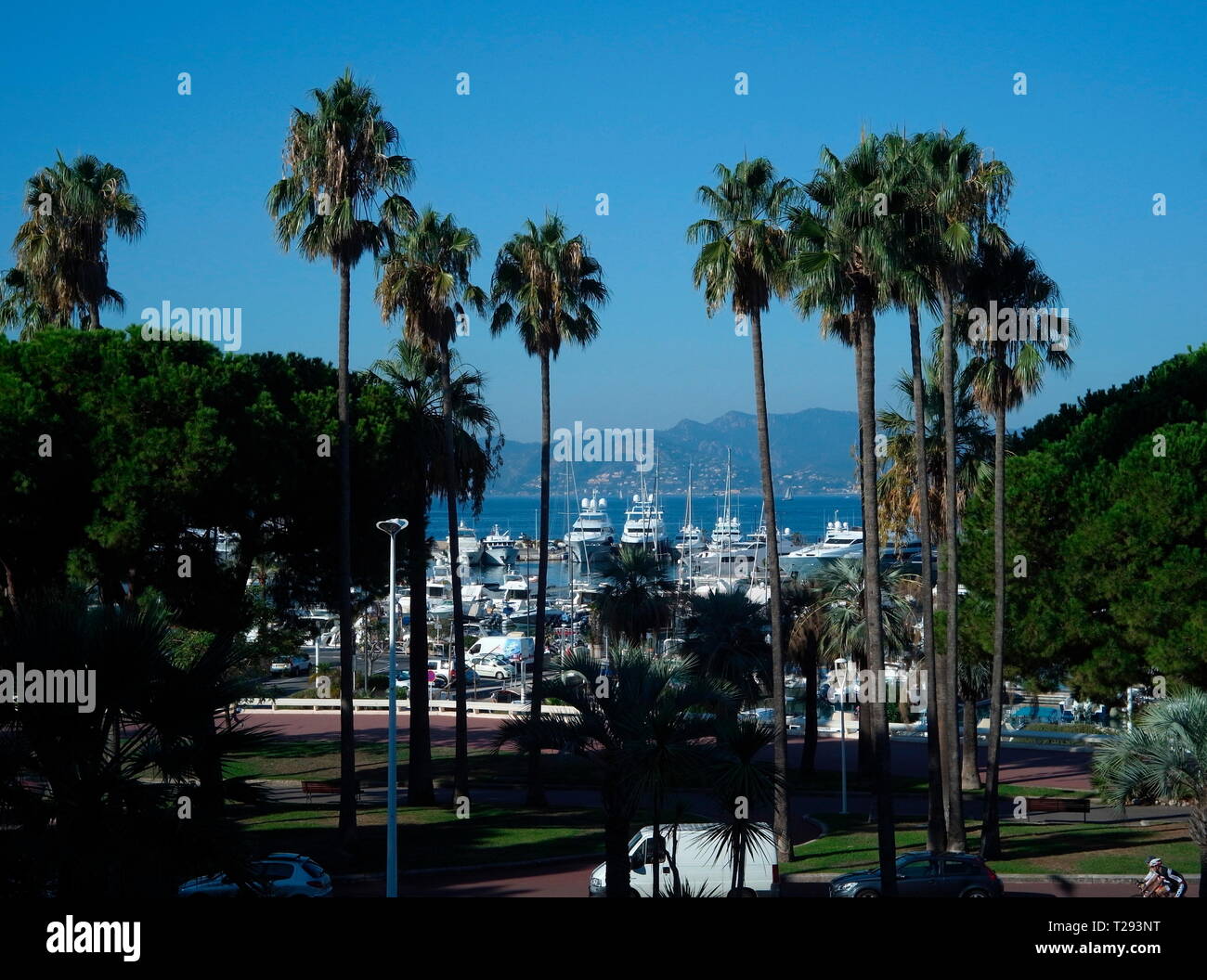 AJAXNETPHOTO. CANNES, Frankreich. - COTE D'AZUR RESORT - BLICK NACH WESTEN ÜBER DIE BUCHT VON CANNES MIT SUPER Yachten und Kreuzfahrtschiffe im Hafen PIERRE CANTO Marina vor Anker. Foto: Jonathan Eastland/AJAX REF: GXR 160210 6293 Stockfoto