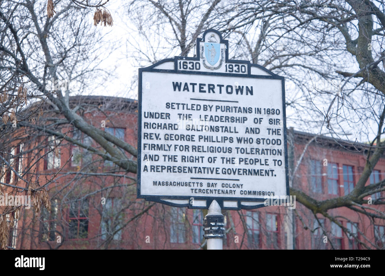 Tercentenary Zeichen, Watertown, MA Stockfoto