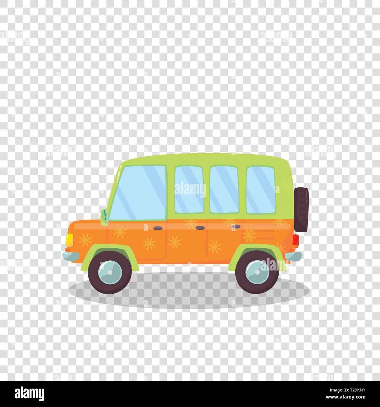 Nettes Auto mit Blumen Ornament und Reserverad isoliert auf Transparenten Hintergrund. Seitenansicht der Limousine oder Coupé Auto für Familie Reisen. Ca Stock Vektor