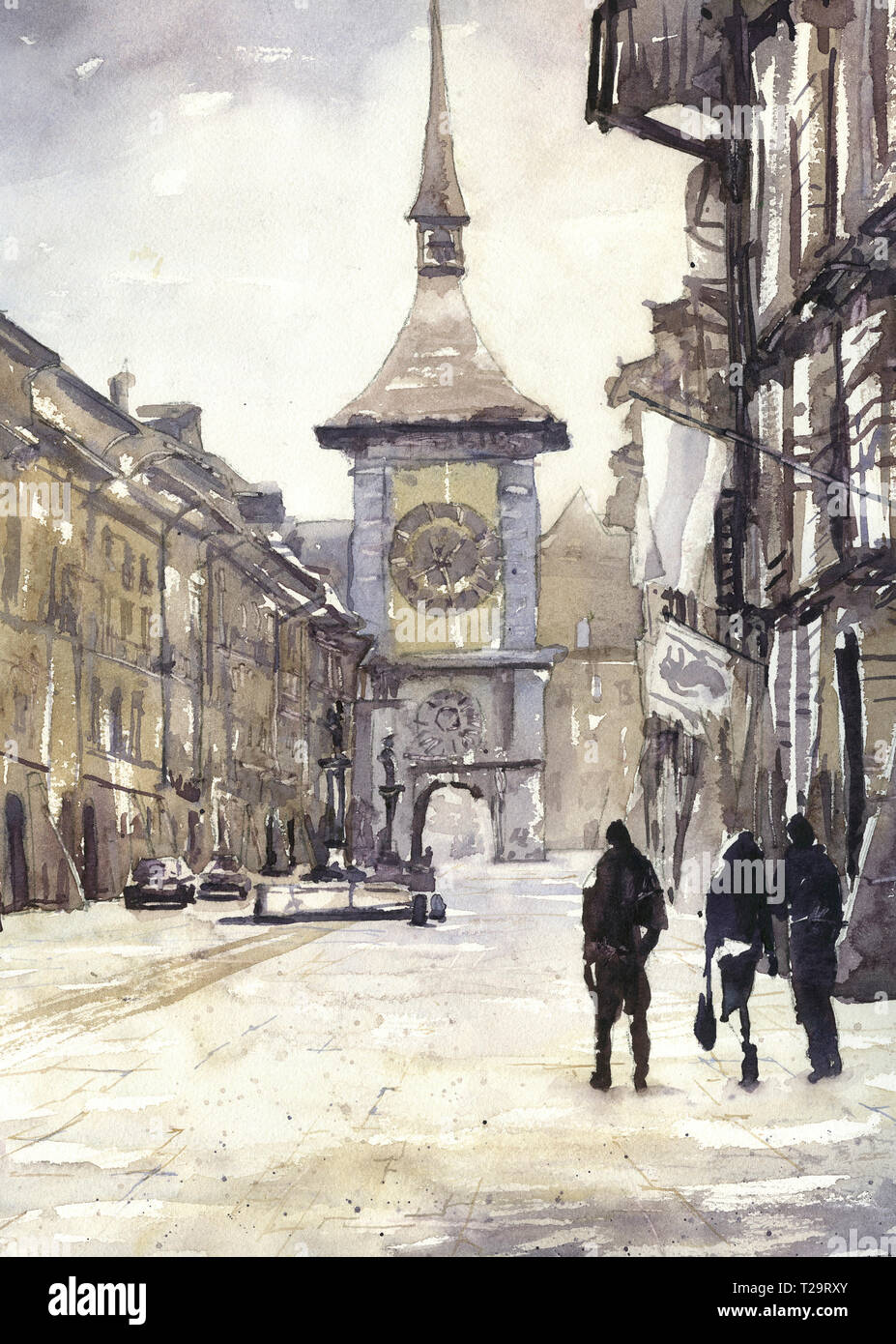 Aquarell von Menschen zu Fuß auf der Straße im mittelalterlichen Dorf von Bern, Schweiz Stockfoto