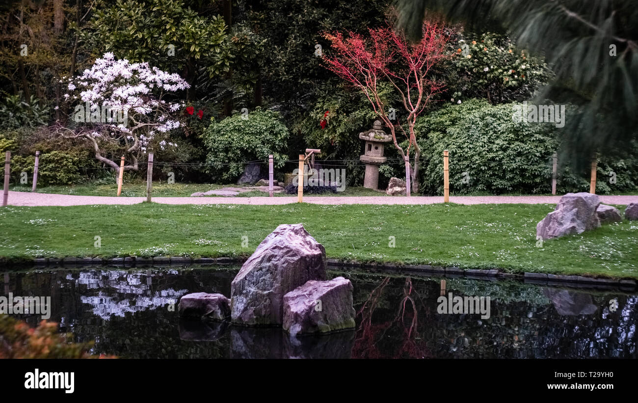 Kyoto Garden, Holland Park, London: Japanischer Garten mit Teich und farbenfrohe Bäume. Stockfoto