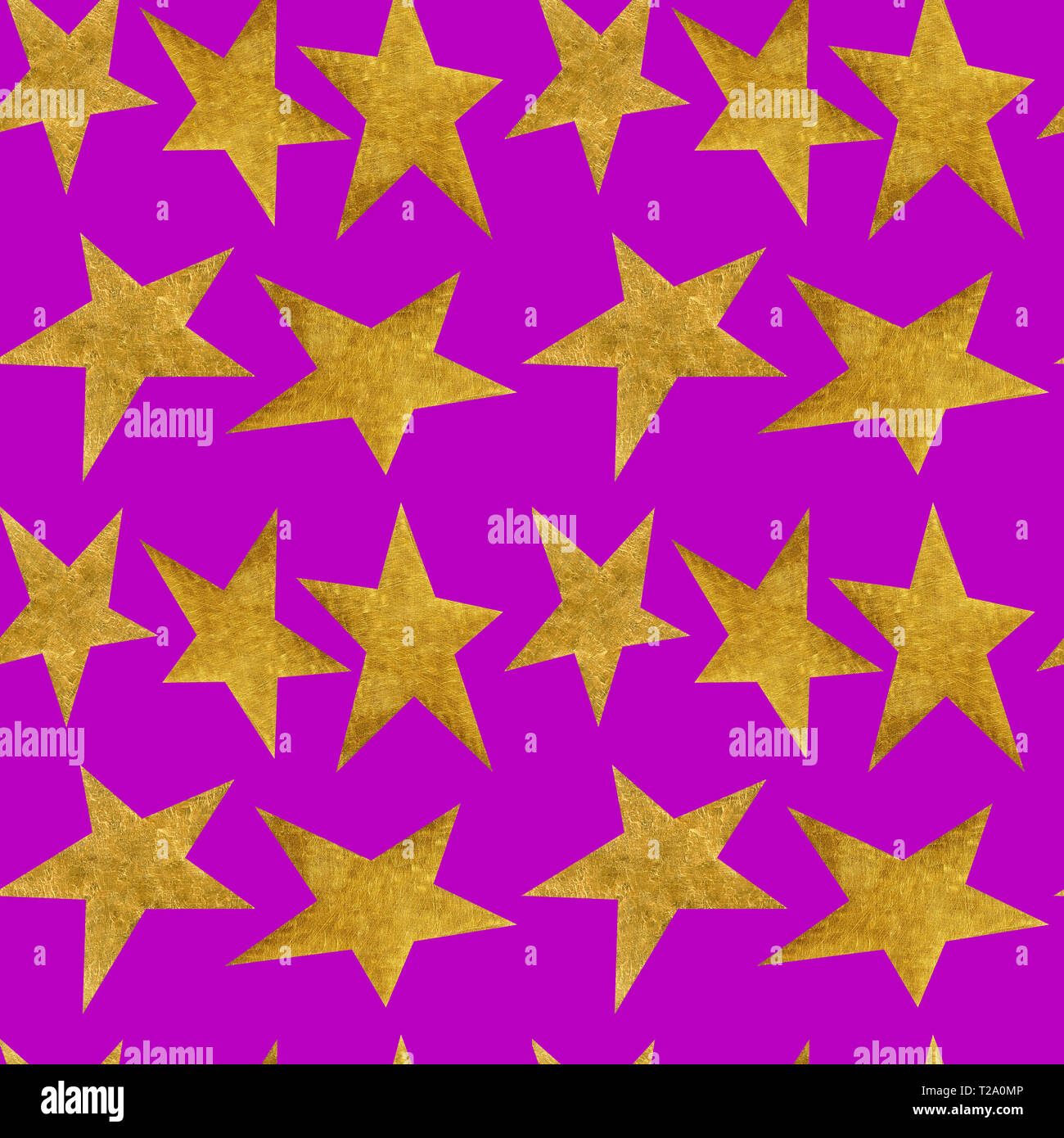 Nahtlose Muster mit goldenen metallic Sterne auf einem lila Hintergrund. Stilvolle Verzierung mit geometrischen repetitive Formen für den Druck auf Textilien, Begrüßung Stockfoto