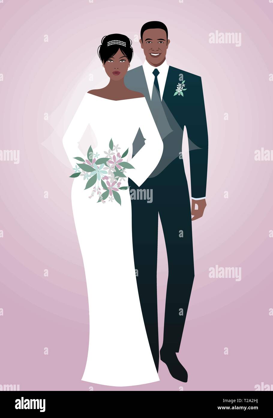 Jungen afro Paar Brautpaar Hochzeit Kleidung tragen. Elegante Bräutigam mit  Anzug und Krawatte und schöne Braut mit Schleier mit einem Blumenstrauß  Stock-Vektorgrafik - Alamy