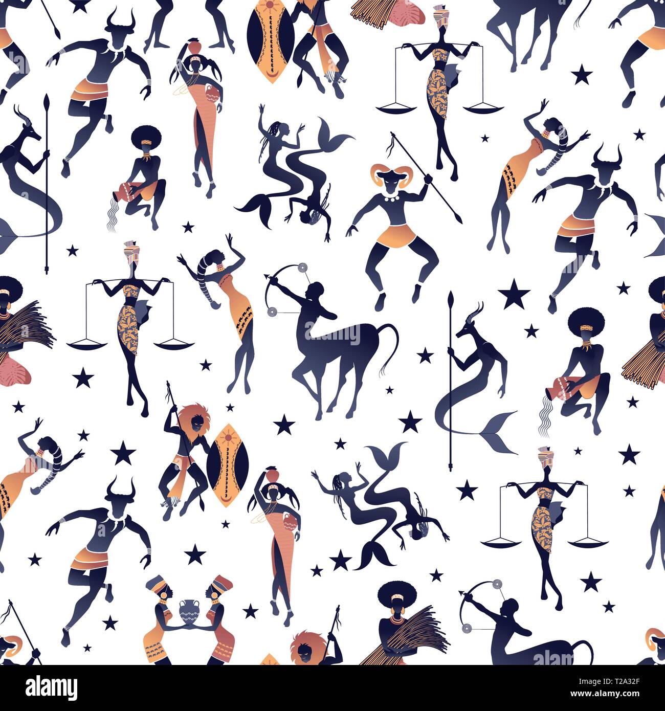 Nahtlose Muster der Tierkreiszeichen im Stil eines afrikanischen Stammes- Symbole Stock Vektor