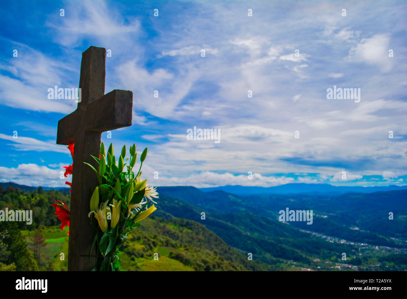 Mirador El granizo lugar Sagrado por los Pueblos Mayas en cajola Xela, Vista Al Gran Valle de los Altos xelaju noj. y los Municipios montañas volcanes Stockfoto