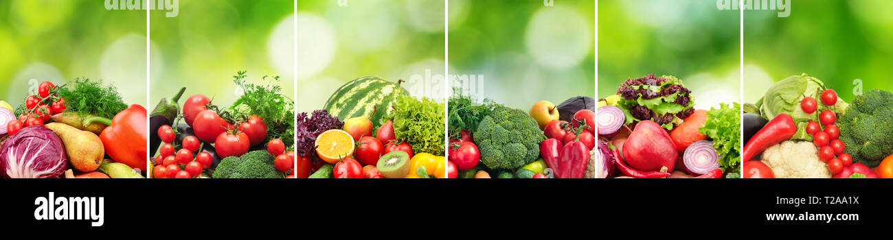 Collage Obst und Gemüse unterteilt vertikale Linien auf Grün Natur verschwommenen Hintergrund. Stockfoto