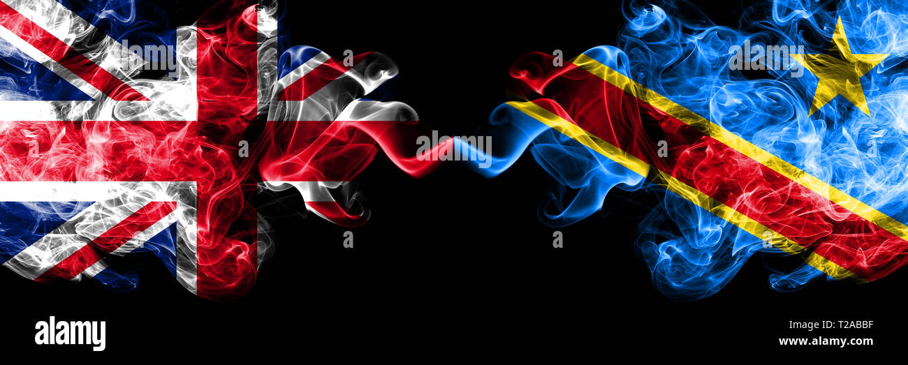 Vereinigtes Königreich vs. Demokratische Republik Kongo smoky mystic Flaggen nebeneinander. Dicke farbige seidig Rauch Flaggen Großbritannien und Democr Stockfoto