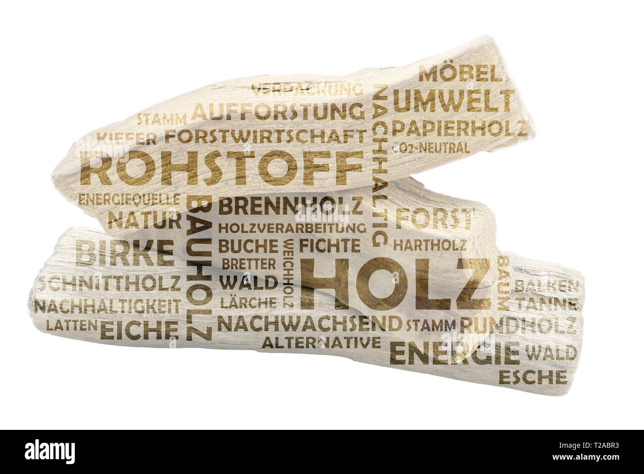 Wort Wolke mit drei Stücke Holz als Hintergrund und relevanten deutschen Keywords zum Thema Rohstoff Holz Stockfoto
