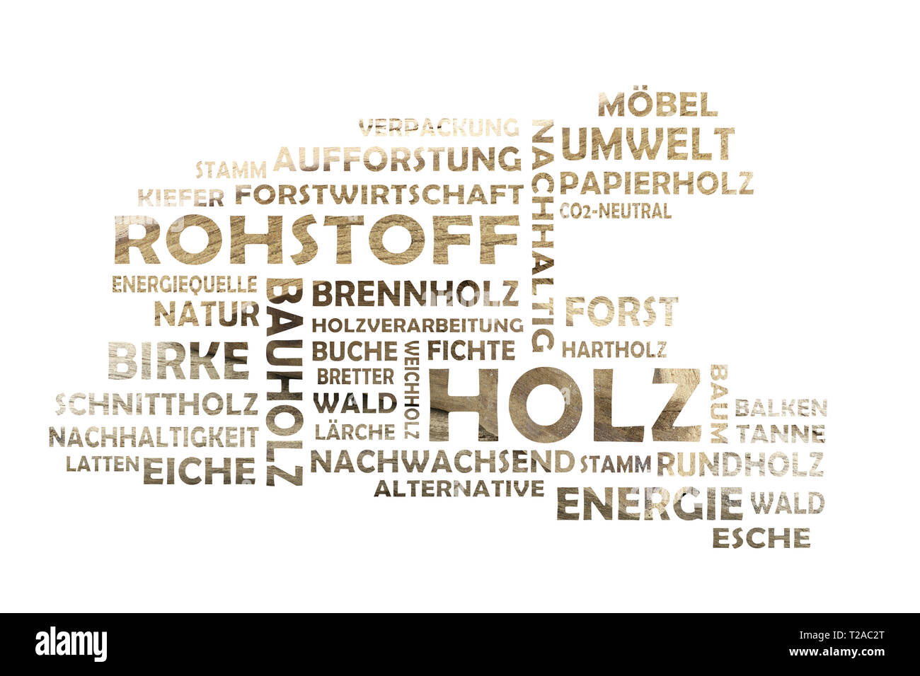 Wort Wolke Ausschneiden mit Holz als Hintergrund und relevanten deutschen Keywords zum Thema Rohstoff Holz Stockfoto