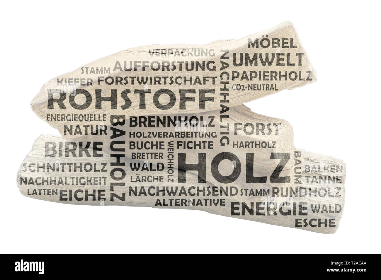 Wort Wolke mit hellem Holz als Hintergrund und Dunkle relevanten deutschen Keywords zum Thema Rohstoff Holz Stockfoto
