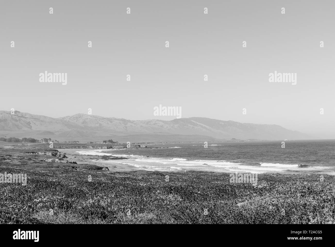 Schwarz und Weiß, Ozean Wellen auf das Ufer rollen, Feldern mit Blick auf Meer. Stockfoto
