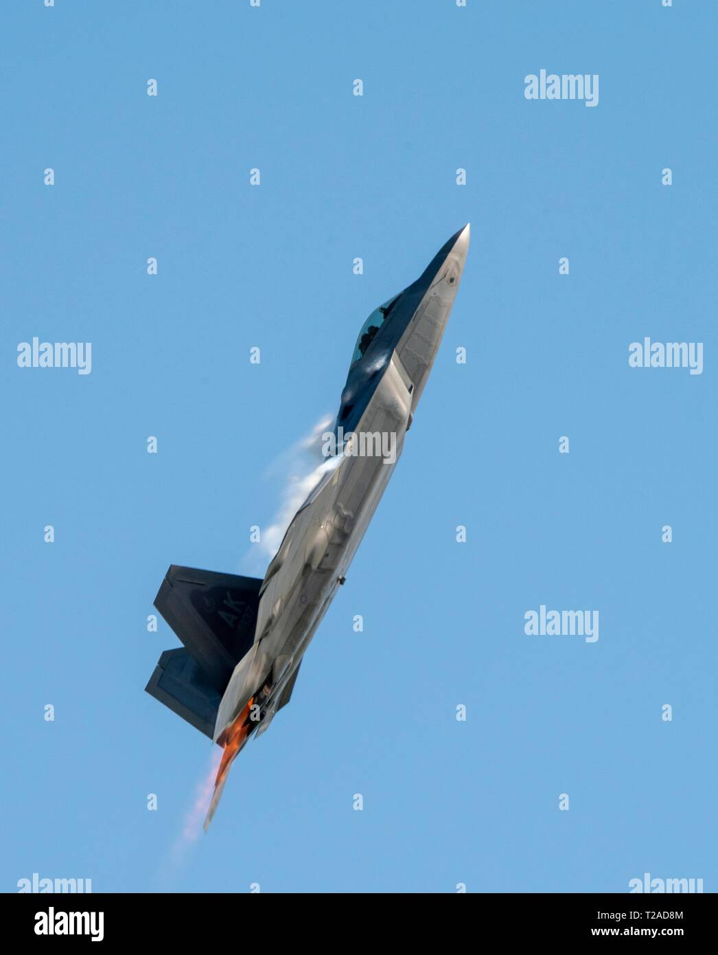 Ein US Air Force F-22 Raptor Stealth Fighter Aircraft führt Antenne Manöver während der Donner über der Bucht air show in Travis Air Force Base März 30, 2019 in Fairfield, Kalifornien. Stockfoto