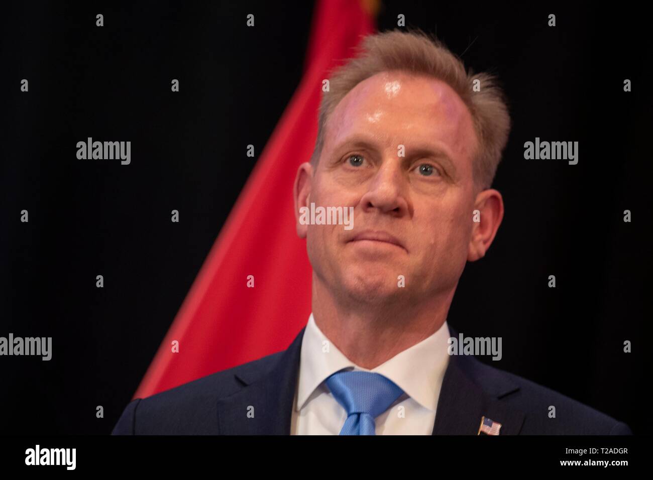 Usa handeln Verteidigungsminister Patrick M. Shanahan besucht das US Central Command Ändern des Befehls Zeremonie an der Macdill Air Force Base, 29. März 2019 in Tampa, Florida. Gen. Joseph L. Votel, nach 39 Jahren des Dienstes in den Ruhestand und wurde als Centcom Kommandant von Gen. Kenneth F. McKenzie Jr. gelungen Stockfoto