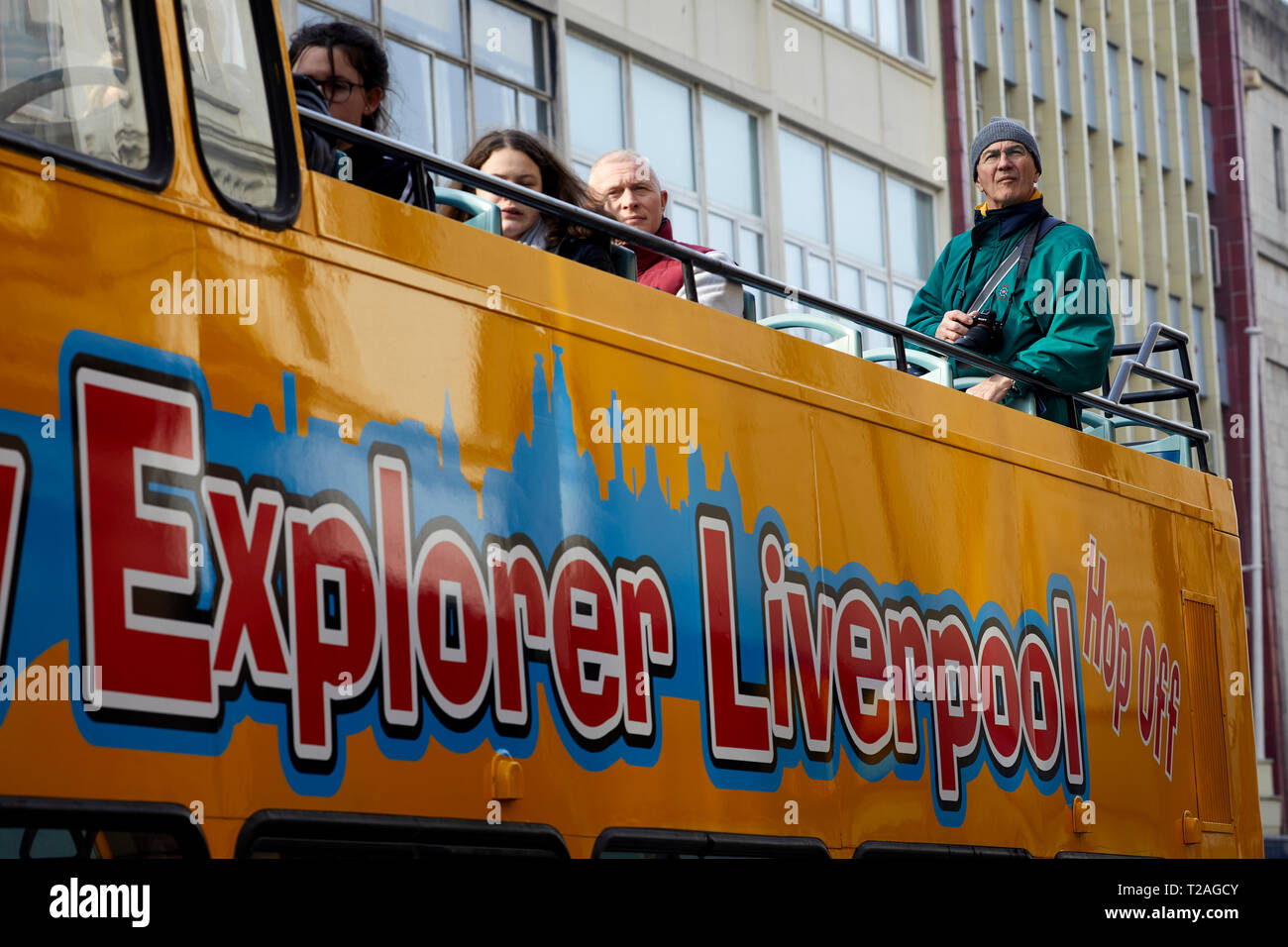 Explorer Liverpool oben offenen Hop on-Hop off-touristische Double Decker Bus Stockfoto