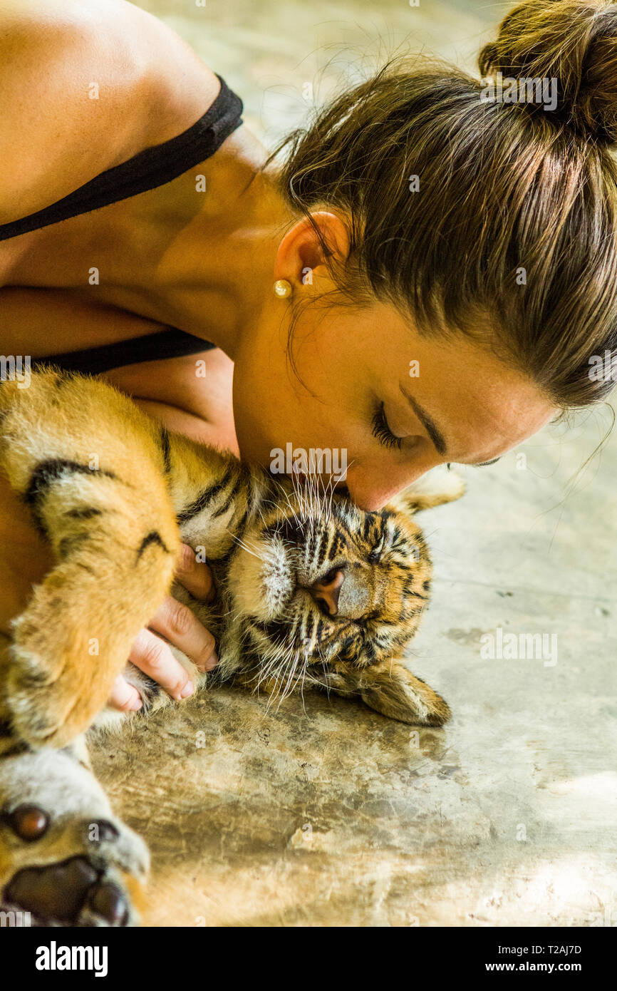 Frau küssen Tiger Cub Stockfoto