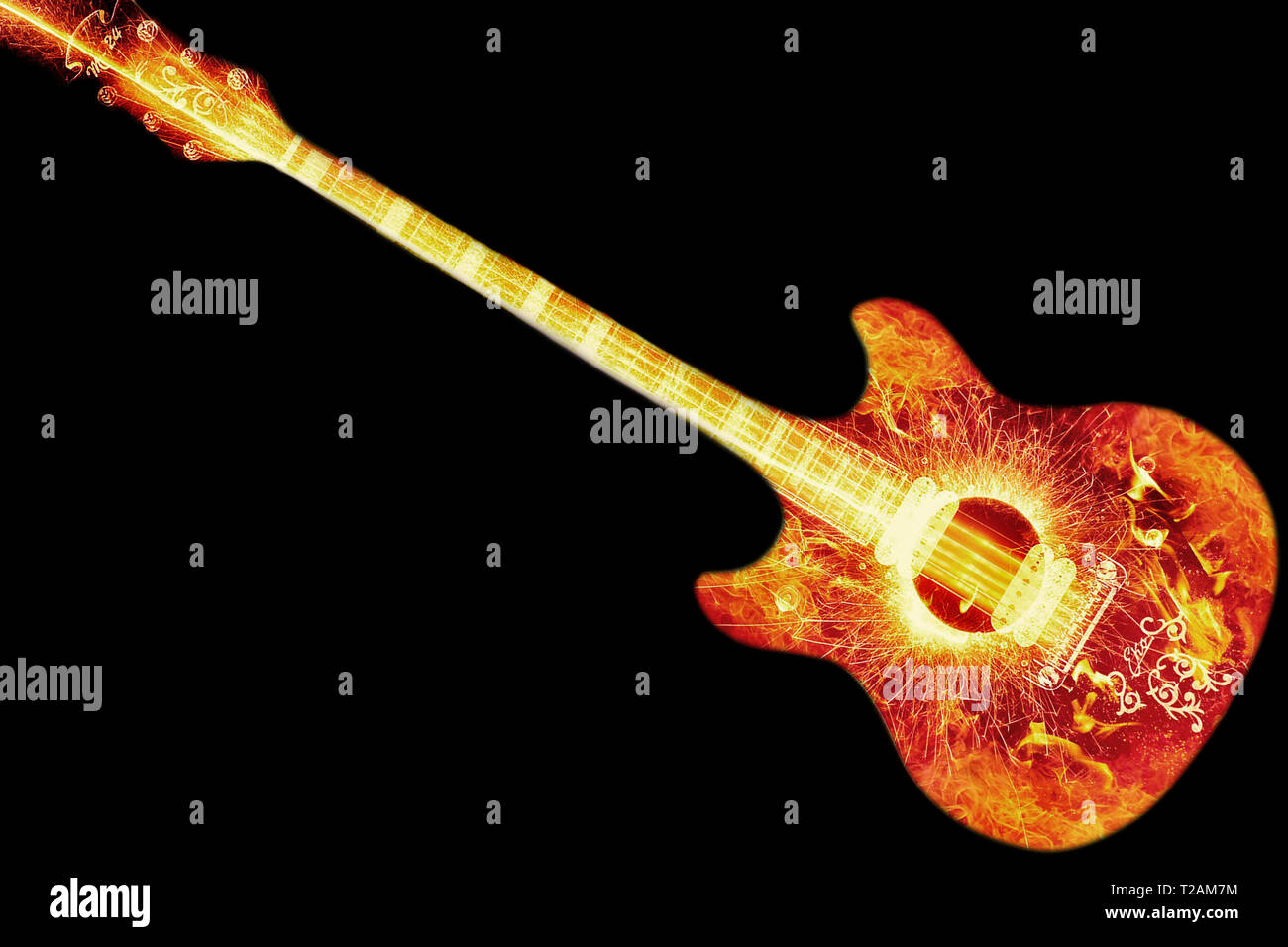 Akustik Gitarre in Brand. Abbildung: Die akustische Gitarre in Elemente auf schwarzem Hintergrund isoliert. Hochauflösende akustische Gitarre in Brand. Stockfoto