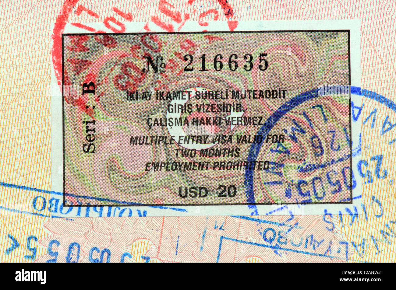 Reisepass mit türkischen Visa und Stempel Stockfoto