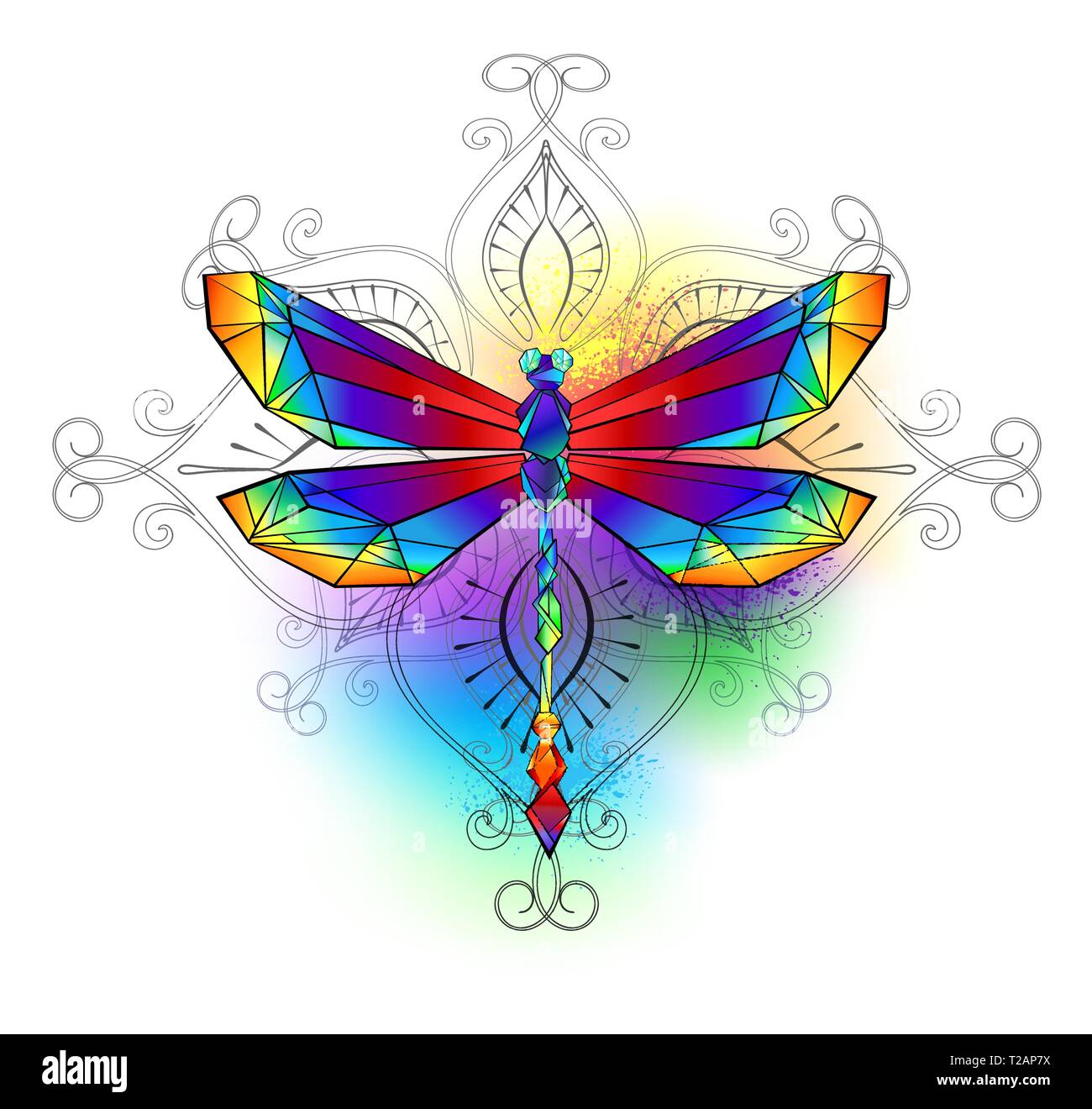 Helle, Regenbogen, polygonalen Libelle auf weißem Hintergrund, mit Wasserfarben gemalt. Stock Vektor