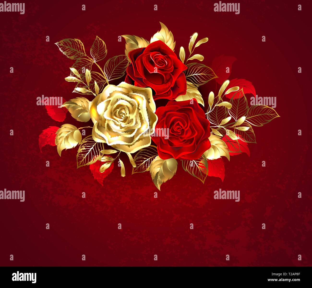 Die Zusammensetzung der beiden kunstvoll bemalten rote Rosen und eine goldene Rose, mit Gold verziert, Jewel Blätter auf strukturierten Hintergrund. Stock Vektor