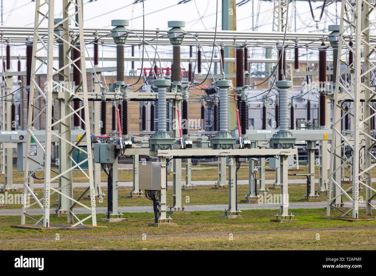 Electric power Transformation Unterstation in Thyrow, Brandenburg, 28. Febr. 2019 | Verwendung weltweit Stockfoto