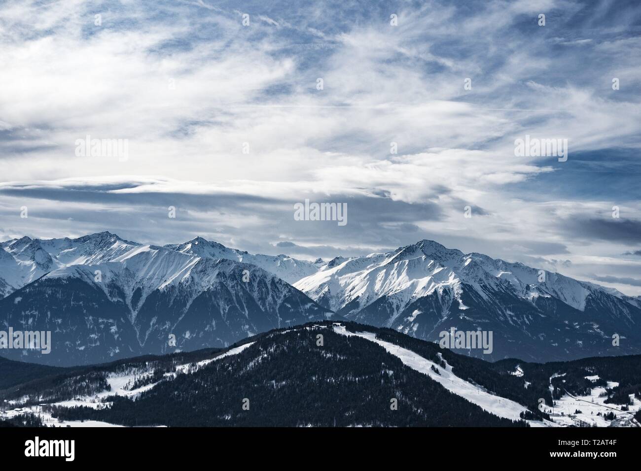 2019.02.10, Österreich, Seefeld Sellrain: Blick auf die Berge ab Rosshütte gesehen. | Verwendung weltweit Stockfoto