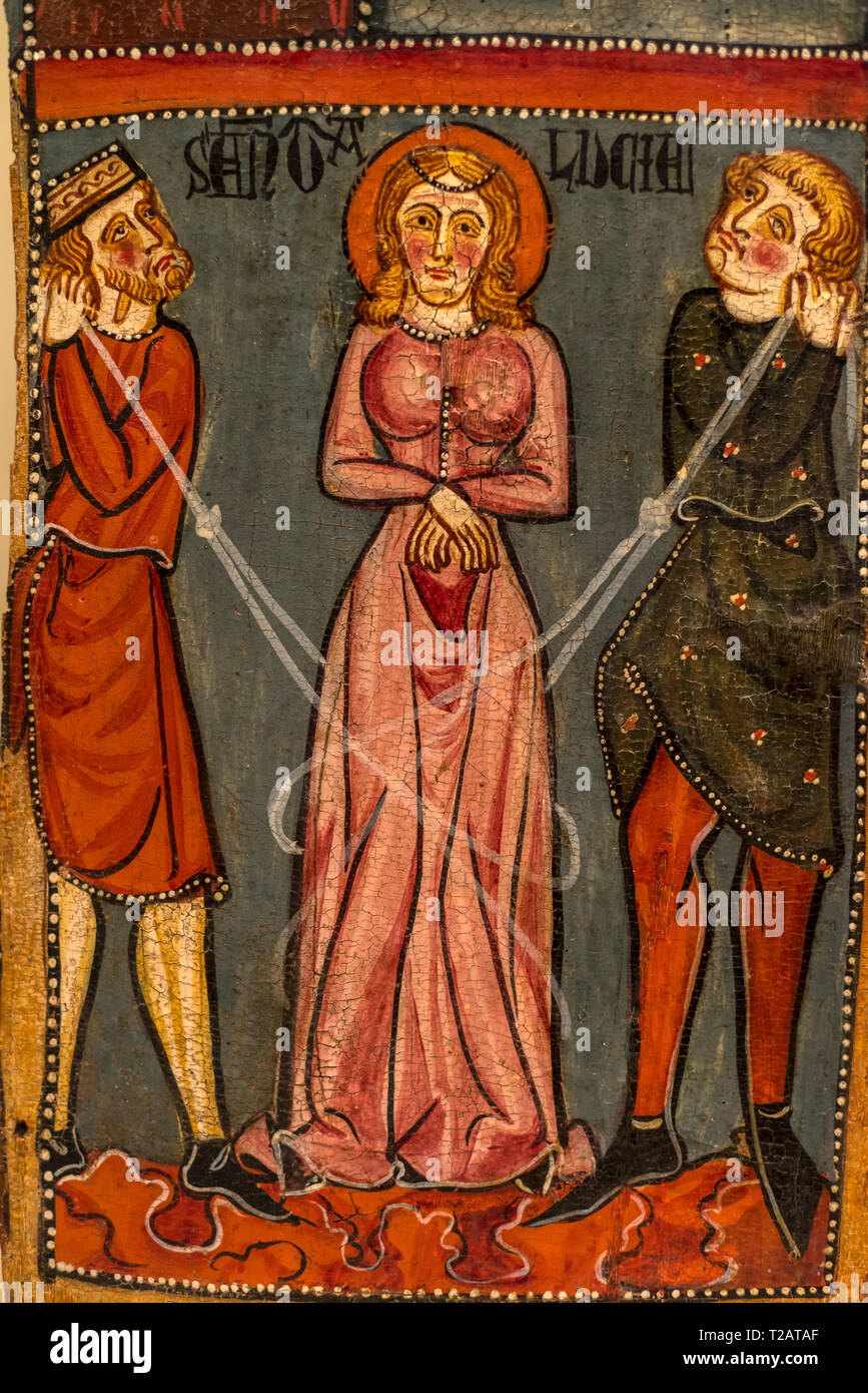 Gotische mittelalterliche Kunst in das nationale Kunstmuseum von Katalonien, Barcelona, Spanien. Anonyme Katalanisch, Tabellen des Martyriums des hl. Lucia (1300 AC). Stockfoto