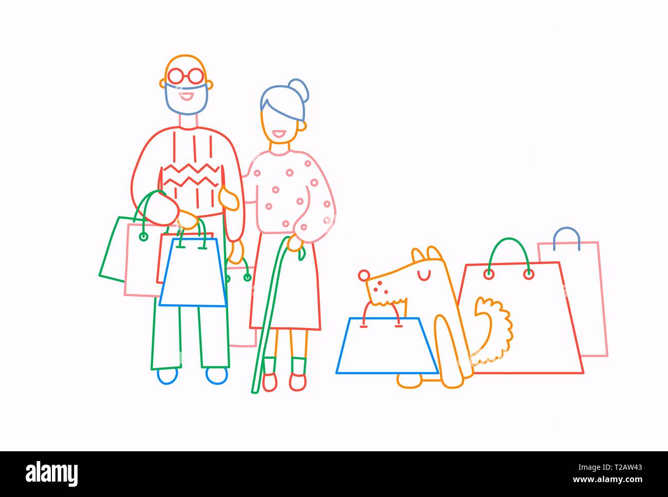 Alte Paar und Hund halten Einkaufstaschen mit erwerben. Line Cartoon Stil Vector Illustration. Stock Vektor