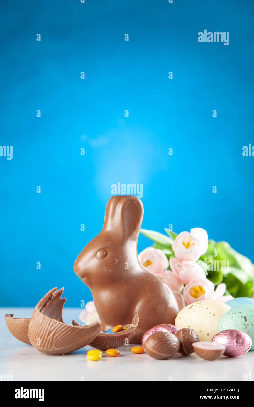 Schokolade Osterhasen und Eier Stockfoto