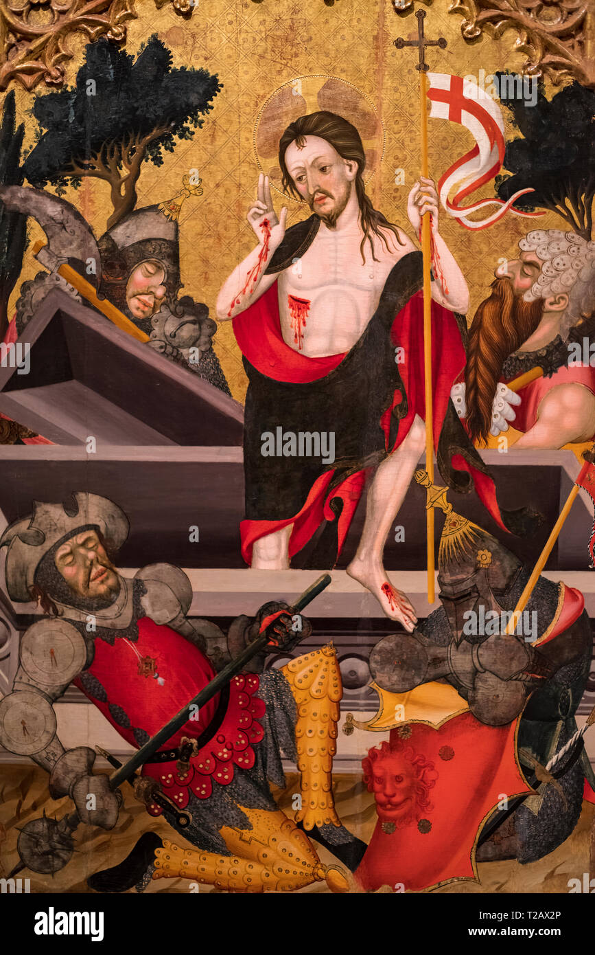 Gotische mittelalterliche Kunst in das nationale Kunstmuseum von Katalonien, Barcelona, Spanien. Guerau Gener und Lluis Borrassà Maler, der Auferstehung Christi (1407-1411 Stockfoto