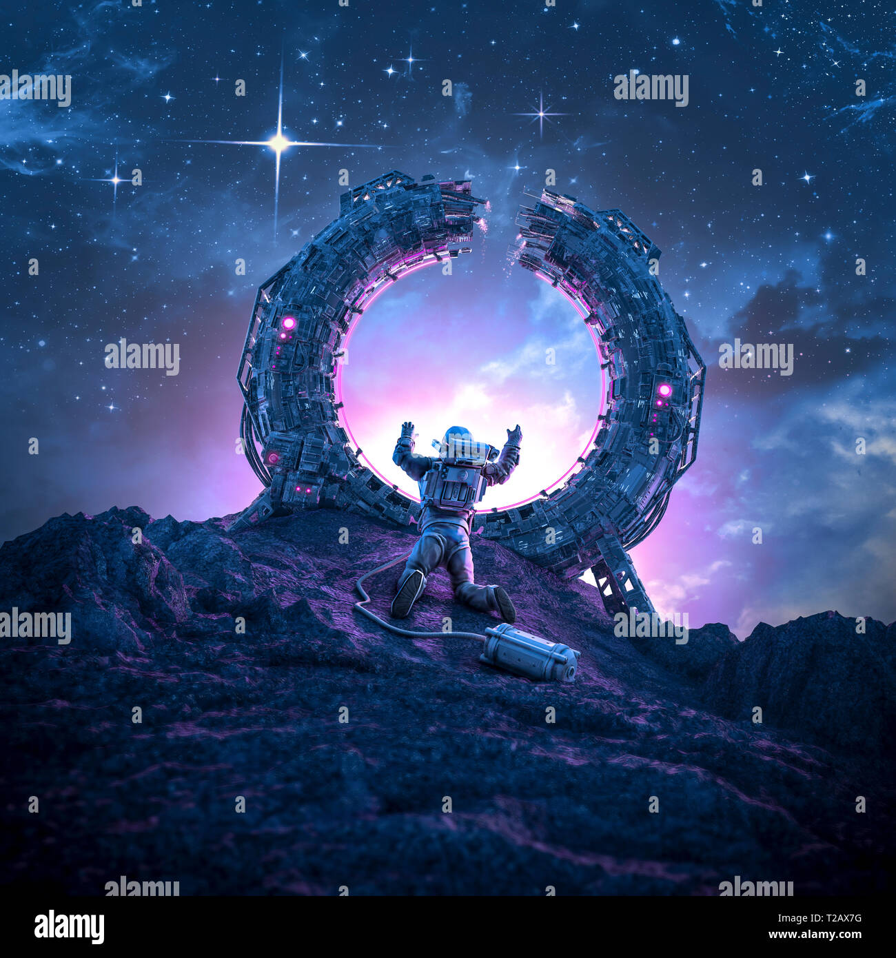 Weit weg von zu Hause-/3D-Darstellung der science fiction Szene mit einsame Astronaut auf fremden Planeten gestrandet durch gebrochene Teleportation portal Stockfoto