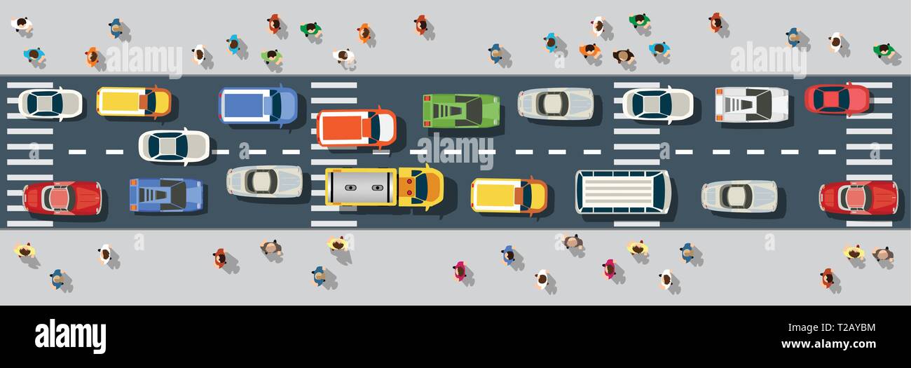 Draufsicht von oben auf eine Stadt, die Straße mit Autos und Menschen Stock Vektor